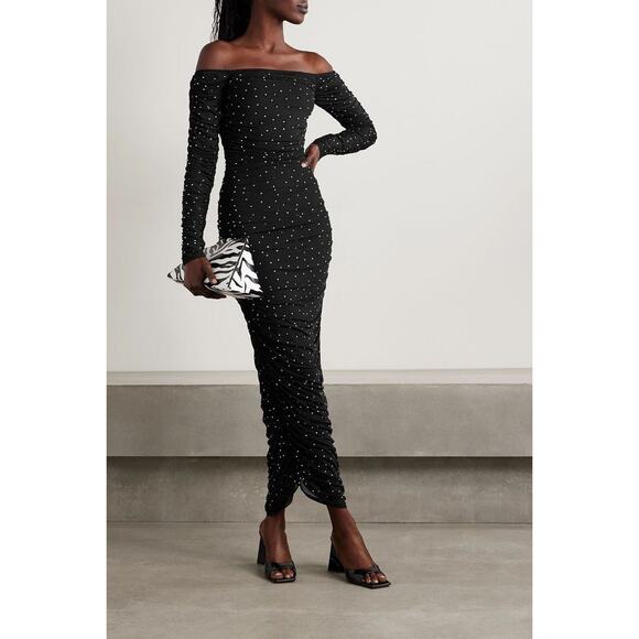 Caroline Constas Black Crystal-Embellished Ruched Mesh Aria Maxi Dress Size M - Picture 1 of 12